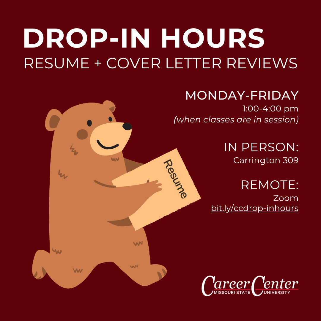 Hours for Career Center drop in resume review. 1-5pm when classes are in session.